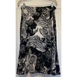 VINTAGE Women's Susan Lawrence Flare Paisley Black White Skirt Sz Petite Large‎